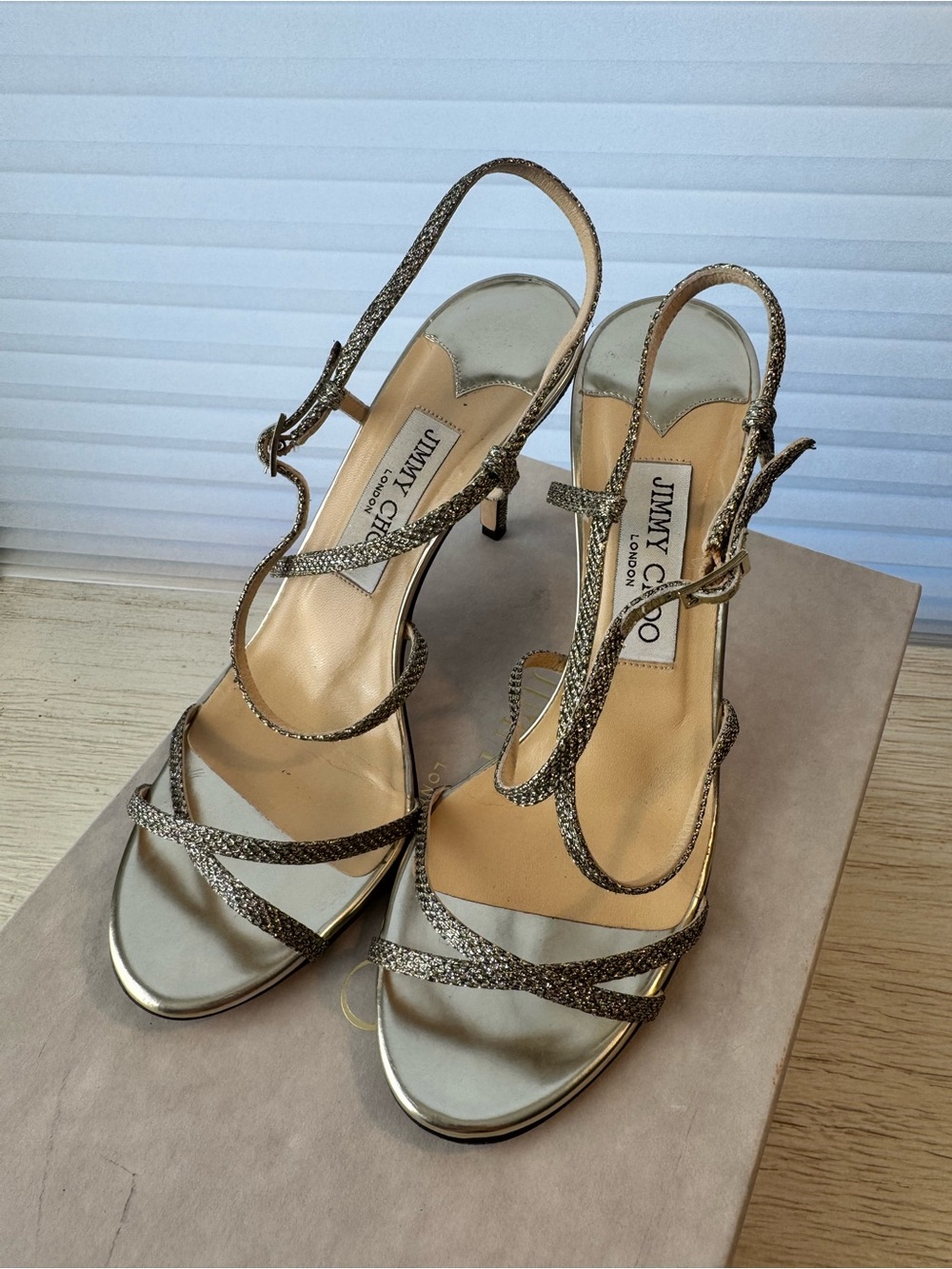 Jimmy Choo Metallic Gold Strappy Stiletto Sandals - Picture 2 of 7